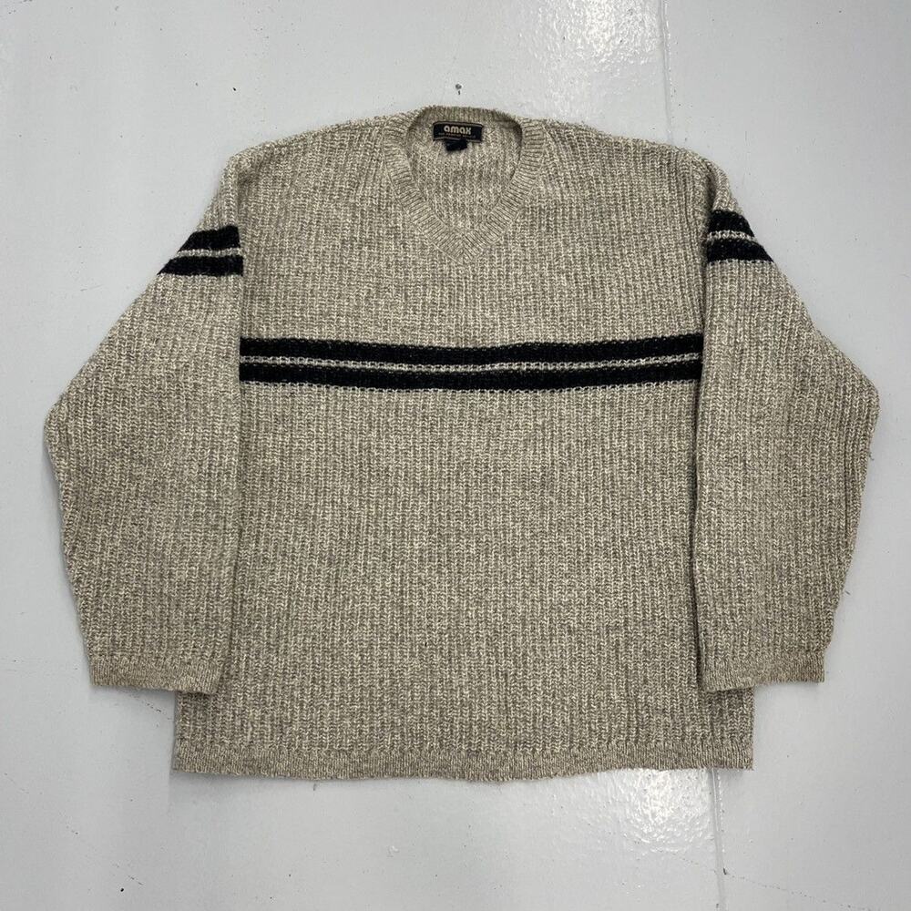 Vintage 90s Amax Beige/Black Striped Wool V-Neck Sweater